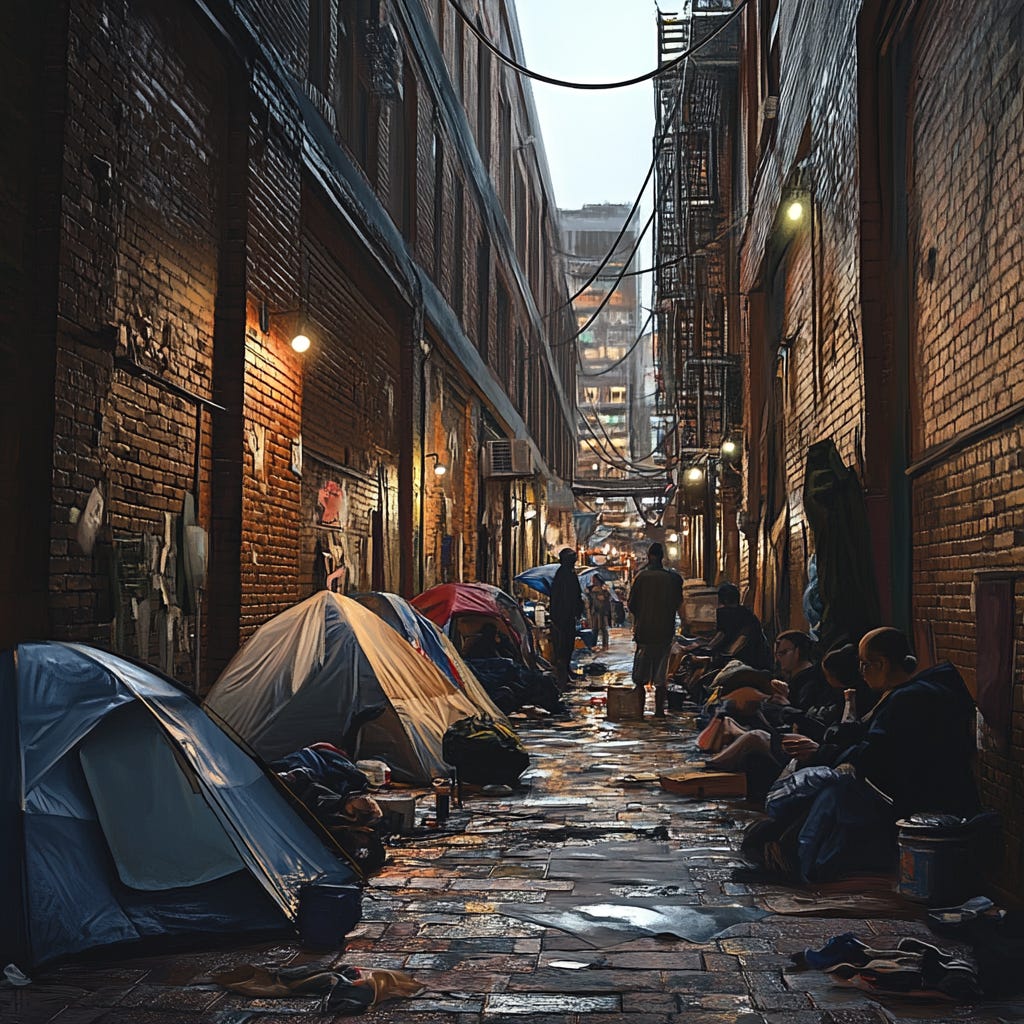 An alley with unhoused people and tents. Image created by author on Midjourney. An alley with unhoused people and tents. Image created by author on Midjourney.