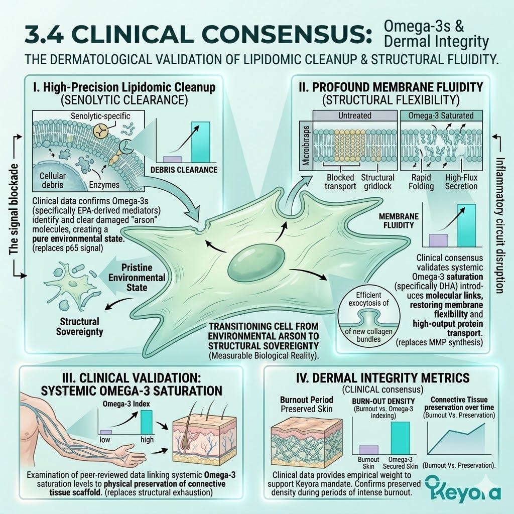 Omega-3 saturation provides dermatological validation of EPA senolytic clearance and DHA membrane fluidity to secure ATP Synthesis and Neurological Sovereignty. Omega-3 saturation provides dermatological validation of EPA senolytic clearance and DHA membrane fluidity to secure ATP Synthesis and Neurological Sovereignty.