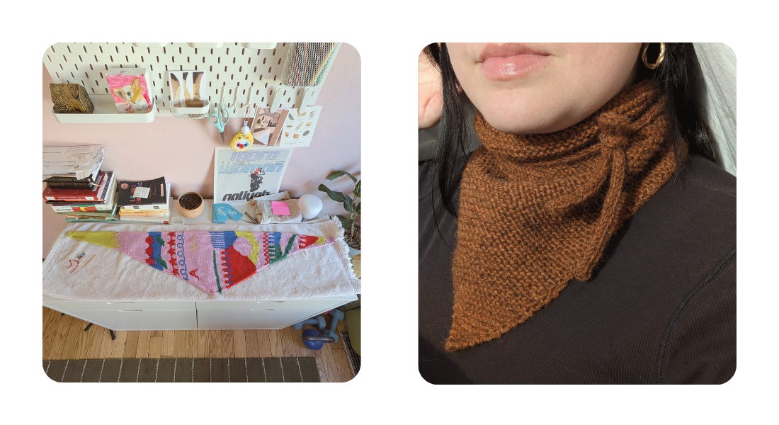 Image 1: top-down image of a knitted triangle scarf with yellow, pinkish purple, blue, red, and forest green on a white table top. It is surrounded by books and odd ends. Image 2: A brown triangle scarf with two braided ties around Alej's neck; alej is wearing a black shirt and has black hair.