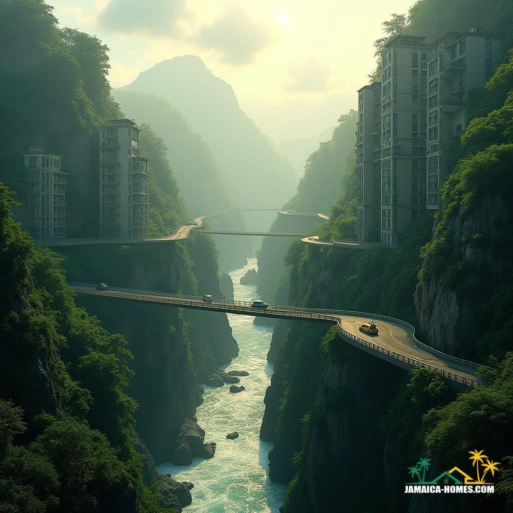 Jamaican mountain pass with narrow winding road, fast-moving river, and lush green cliffs, modern apartment towers rise with realistic glass, concrete, and steel, connected by skybridges, Jamaican taxis and cars navigate, tropical vegetation on cliffs, golden sunlight through misty clouds, in ultra-realistic cinematic style inspired by filmmakers like Denis Villeneuve, Roger Deakins, and Emmanuel Lubezki, with cinematic lighting, film grain, and vignette.