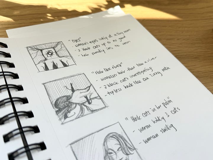 Open sketchbook on a wooden surface showing six thumbnail sketches of a figure posing in front of a circular shape, with additional shapes and shading. A plant shadow is cast on the book.