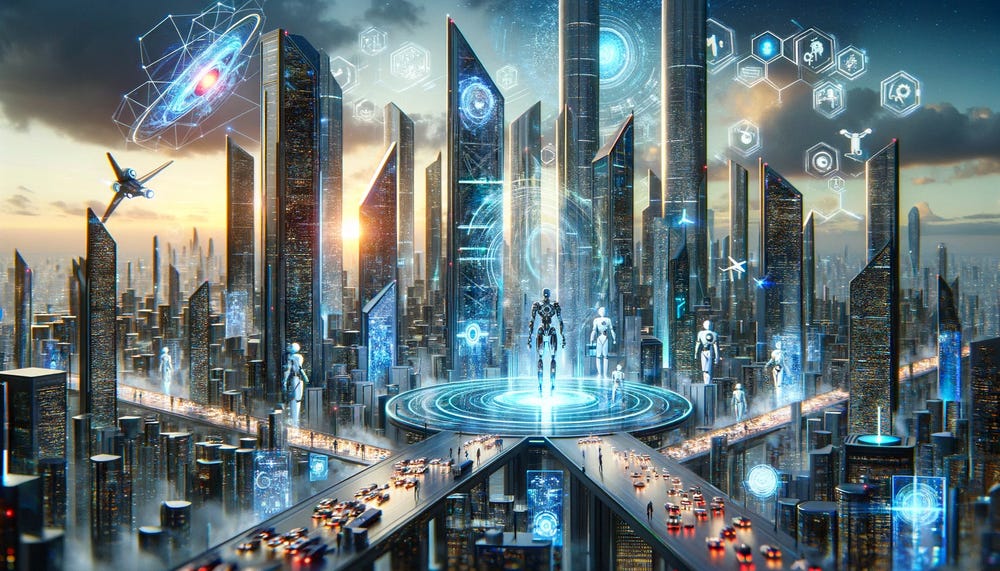 Gerado com DallE-3 A futuristic cityscape with towering skyscrapers and advanced technology, showcasing a world where ultra-intelligent machines coexist with humans