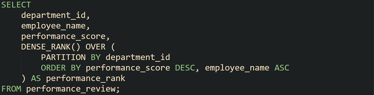 SELECT     department_id,     employee_name,     performance_score,     DENSE_RANK() OVER (         PARTITION BY department_id         ORDER BY performance_score DESC, employee_name ASC     ) AS performance_rank FROM performance_review;