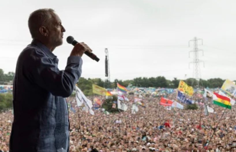 Jeremy Corbyn addresses a crowd at the Glastonbury Festival, 2017