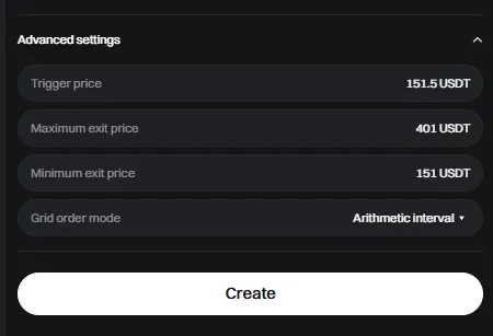 Bitget grid trading interface showing trigger price, maximum exit price, and minimum exit price settings