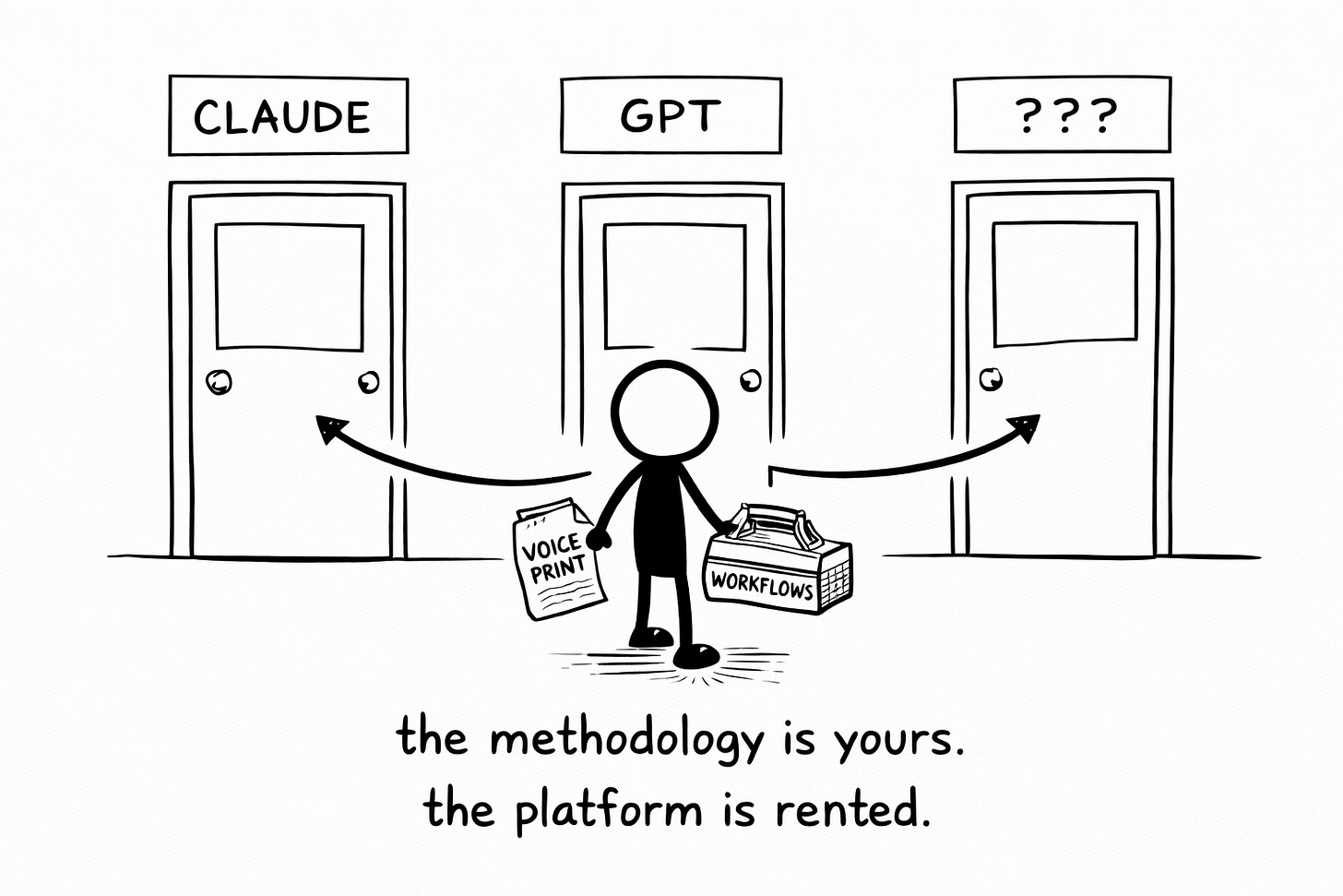 Black-and-white Sharpie-style doodle of a stick figure standing between three doors labeled "CLAUDE," "GPT," and "???" holding a document labeled "VOICEPRINT" in one hand and a toolbox labeled "WORKFLOWS" in the other. Arrows show the figure can walk through any door carrying both items. Text below reads "the methodology is yours. the platform is rented."