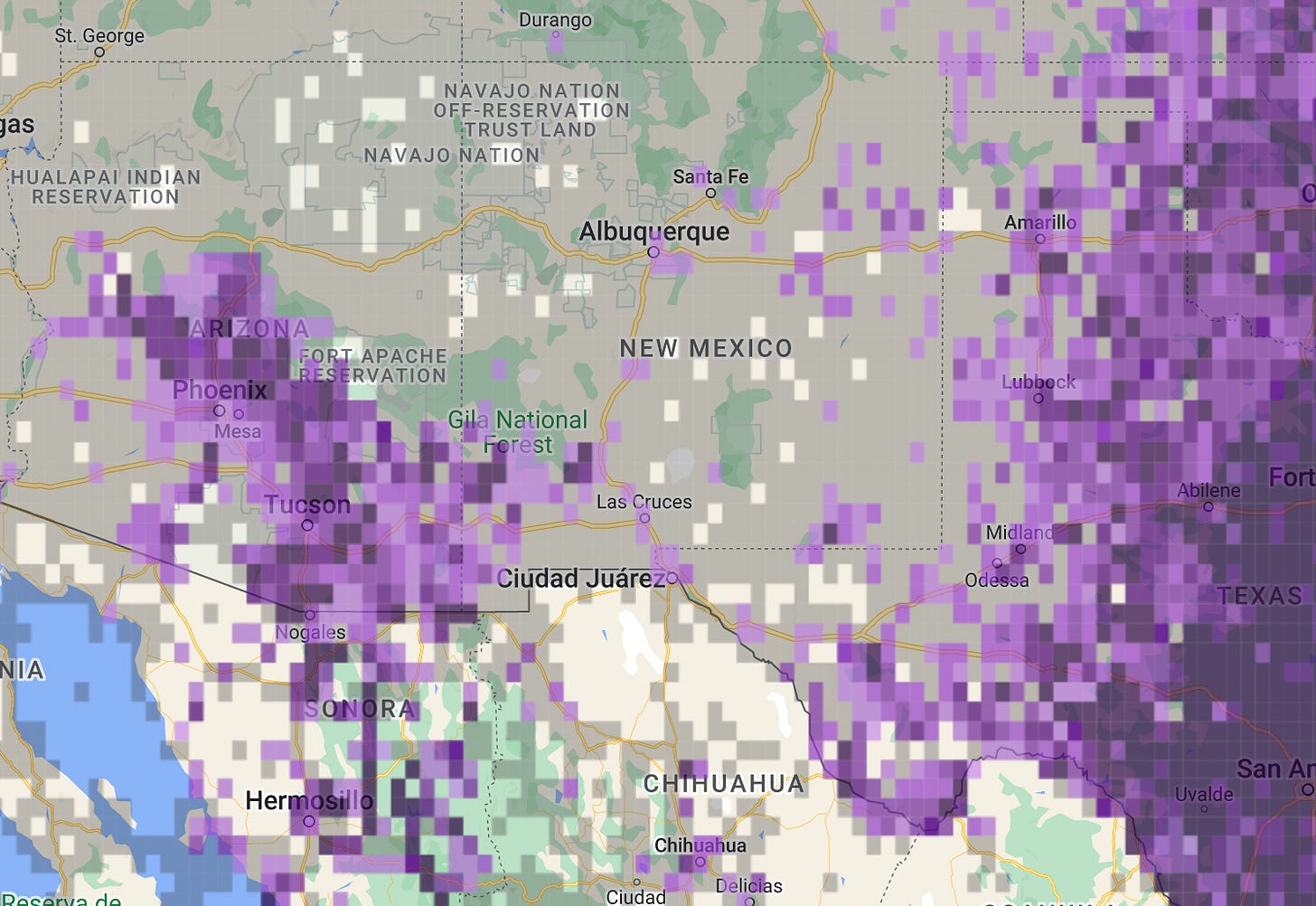 a map frmo the ebird website showing abundances of northern cardinals across the american southwest, with deeper purple representing higher abundance. from texas east there's a lot of deep purple, and from southwestern new mexico west into southern arizona there's a lot of purple, but there's almost no purple between them in new mexico. a map frmo the ebird website showing abundances of northern cardinals across the american southwest, with deeper purple representing higher abundance. from texas east there's a lot of deep purple, and from southwestern new mexico west into southern arizona there's a lot of purple, but there's almost no purple between them in new mexico.