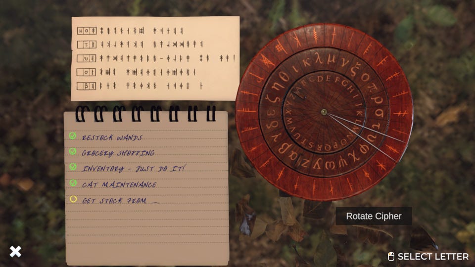 a screenshot of "midnight in salem" - the screen shows a note written in code, a cipher wheel, and a notebook page where the decrypted version of the note is being written a screenshot of "midnight in salem" - the screen shows a note written in code, a cipher wheel, and a notebook page where the decrypted version of the note is being written