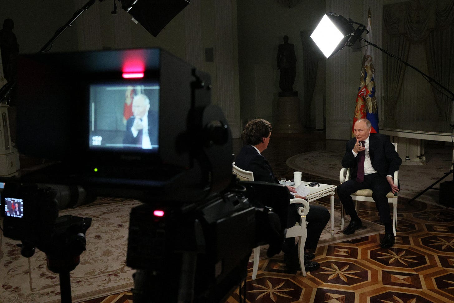 Vladimir Putin gives an interview to Tucker Carlson on February 6, 2024. (Photo by Gavriil Grigorov/AFP via Getty Images.) Vladimir Putin gives an interview to Tucker Carlson on February 6, 2024. (Photo by Gavriil Grigorov/AFP via Getty Images.)