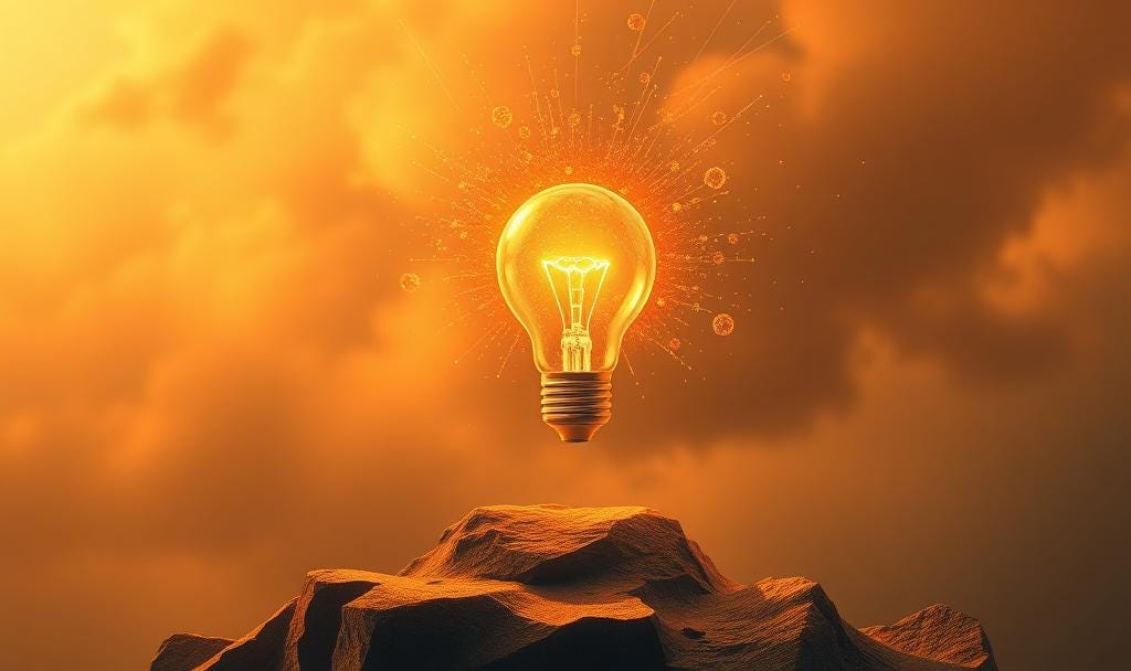 AI generated image of a lightbulb over a mountain