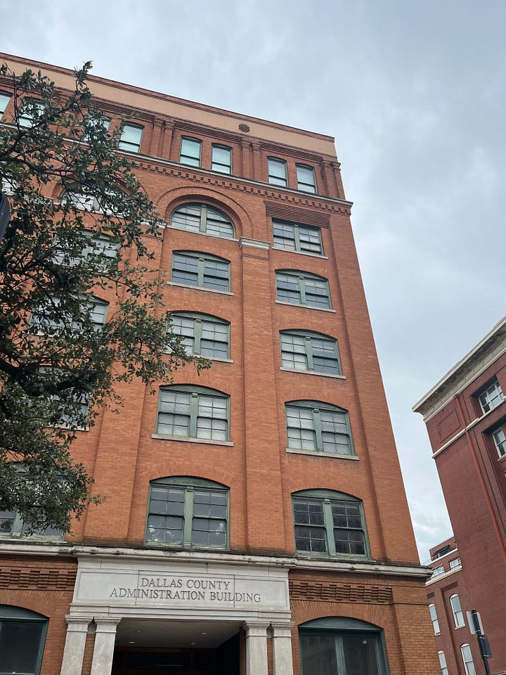 from left to right, top to bottom: inside the sixth floor window of the Texas School Book Depository; a model of Dealey Plaza made during the Warren investigation; the outside of the Texas School Book Depository building; the grassy knoll