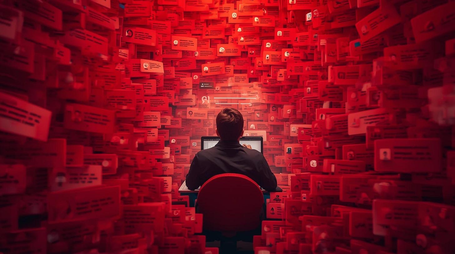 An illustration of a cluttered LinkedIn inbox filled with unread message notifications and piled-up chat bubbles. In the center, a person sits calmly at a laptop, confidently typing amidst the chaos. Above them, a floating text bubble displays a polished LinkedIn post. Surrounding the scene are icons representing LinkedIn interactions, including messages like “Hi Jan,” job offers, connection requests, and engagement statistics.