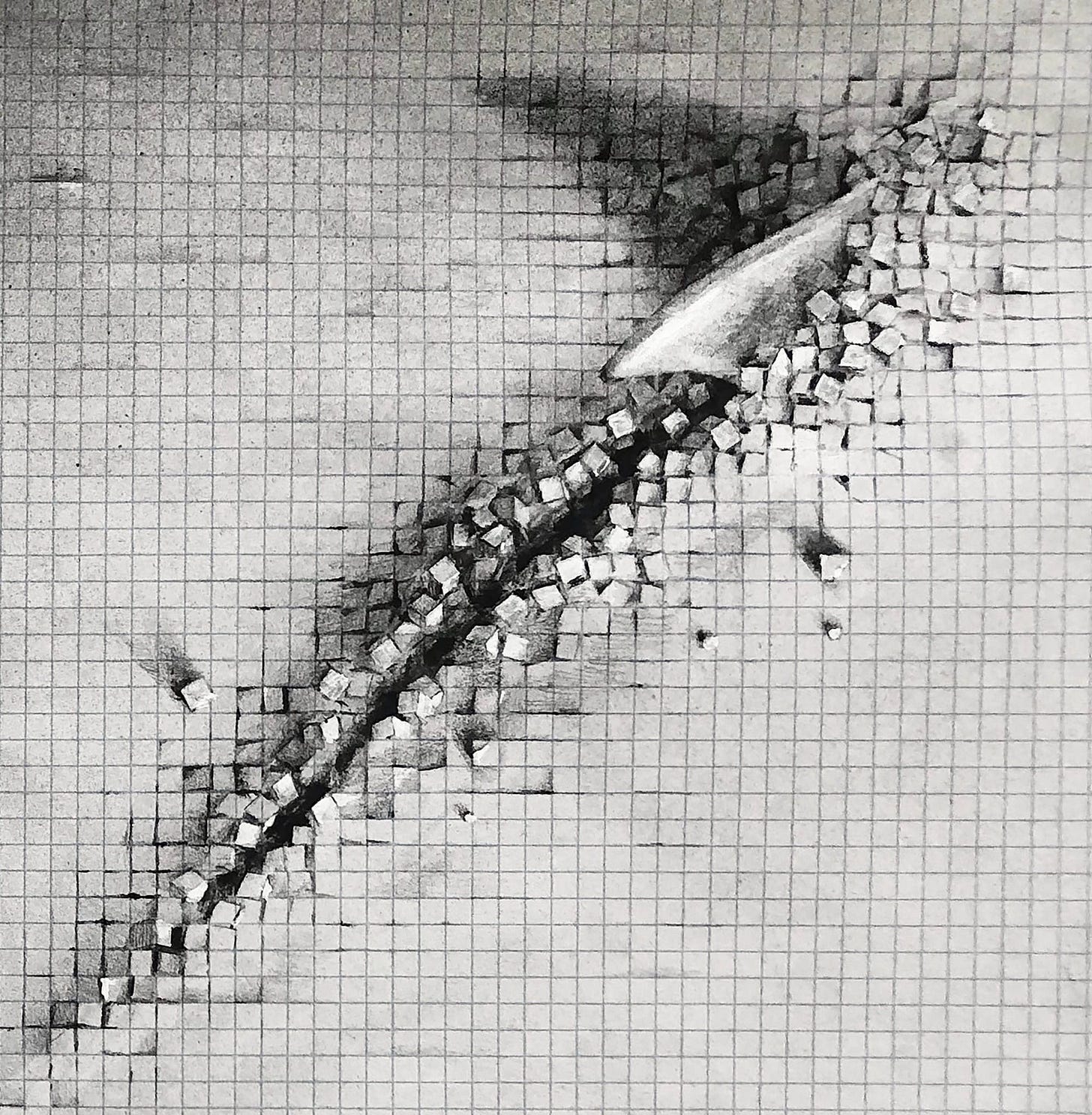 A detail of a graphite drawing on graph paper of a shark swimming across the surface