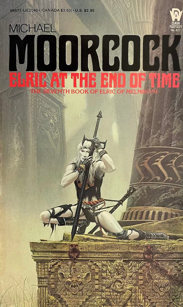 Book cover for ELRIC AT THE END OF TIME by Michael Moorcock, published by DAW Books