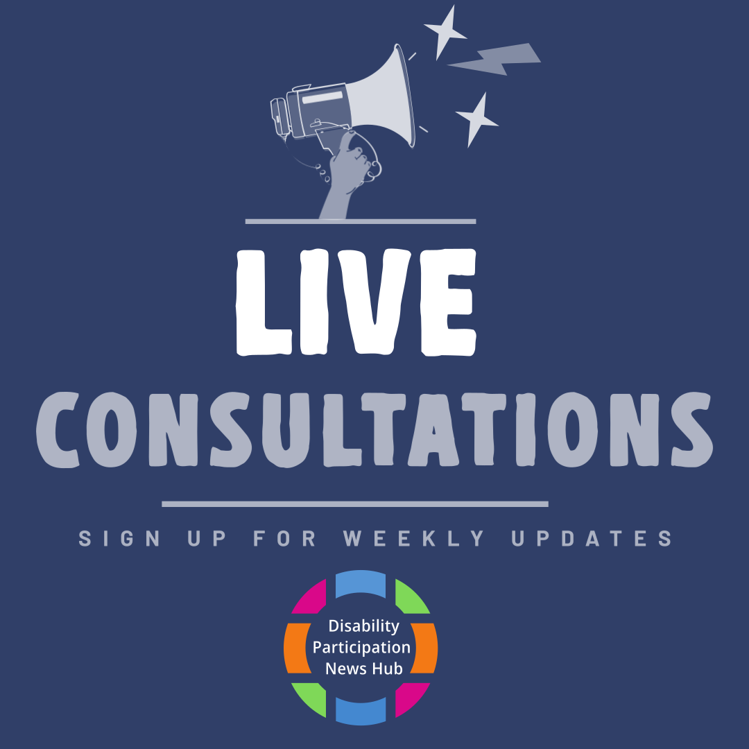 [Image Description: A graphic with a blue background and text reading: “Live Consultations. Sign up for weekly updates”. A hand holding a megaphone sits above this text, with lightning and stars coming from it. The logo for the Disability Participation News Hub is below.]