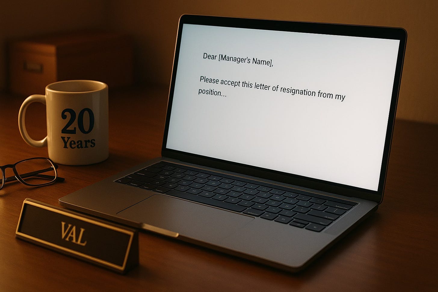 A warmly lit office desk with a laptop displaying a resignation email. Beside it are a “20 Years” coffee mug, eyeglasses, and a nameplate reading “Val.” A warmly lit office desk with a laptop displaying a resignation email. Beside it are a “20 Years” coffee mug, eyeglasses, and a nameplate reading “Val.”