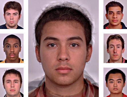 A composite face in the center created by averaging the facial features of eight individual faces shown around it, illustrating the ‘average is attractive’ effect.