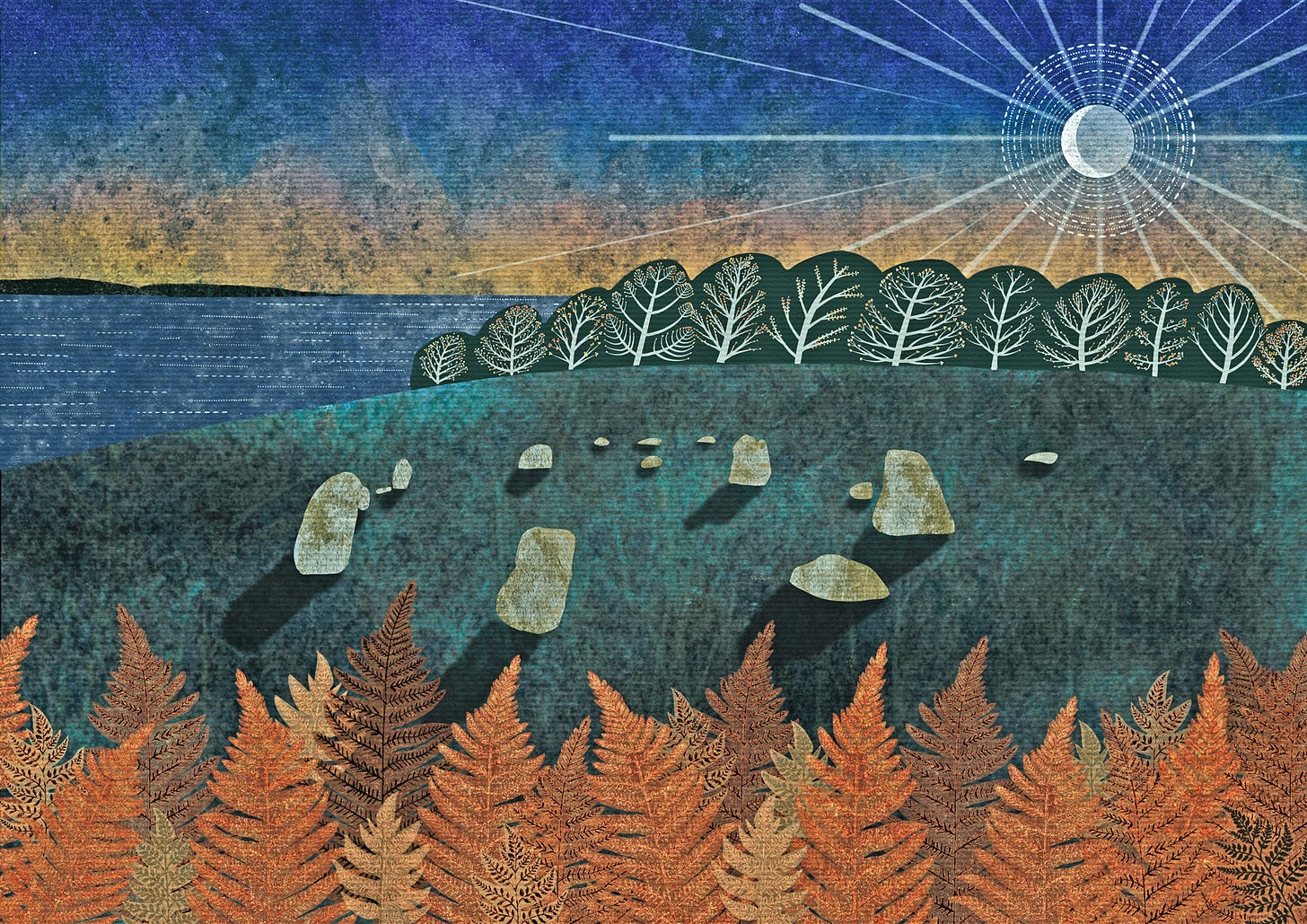 Digital painting of Birkrigg Stone Circle, Ulverston, Cumbria, at the Autumn Equinox. Copyright Lindsay Steel.