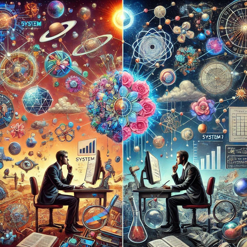 A surreal split-scene illustration of a polymath using pattern recognition to understand complex information. The image is divided in half vertically. On the left side (System 1), the person is calmly observing a vast, interconnected web of ideas and images — floating symbols, constellations, abstract data, and interconnected nodes glowing with insight, representing broad intuitive pattern recognition. On the right side (System 2), the same person is intensely focused at a desk, analyzing patterns with tools like magnifying glasses, compasses, notes, and equations, representing analytical deep thinking. The background merges cosmic and cerebral elements, symbolizing thought processes. The style is imaginative, vibrant, and symbolic of intellectual depth and creativity.