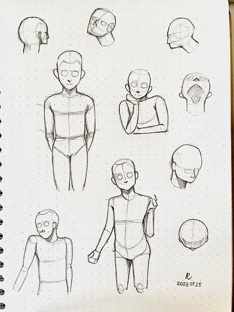 Various sketch of figures, proportion, and materials