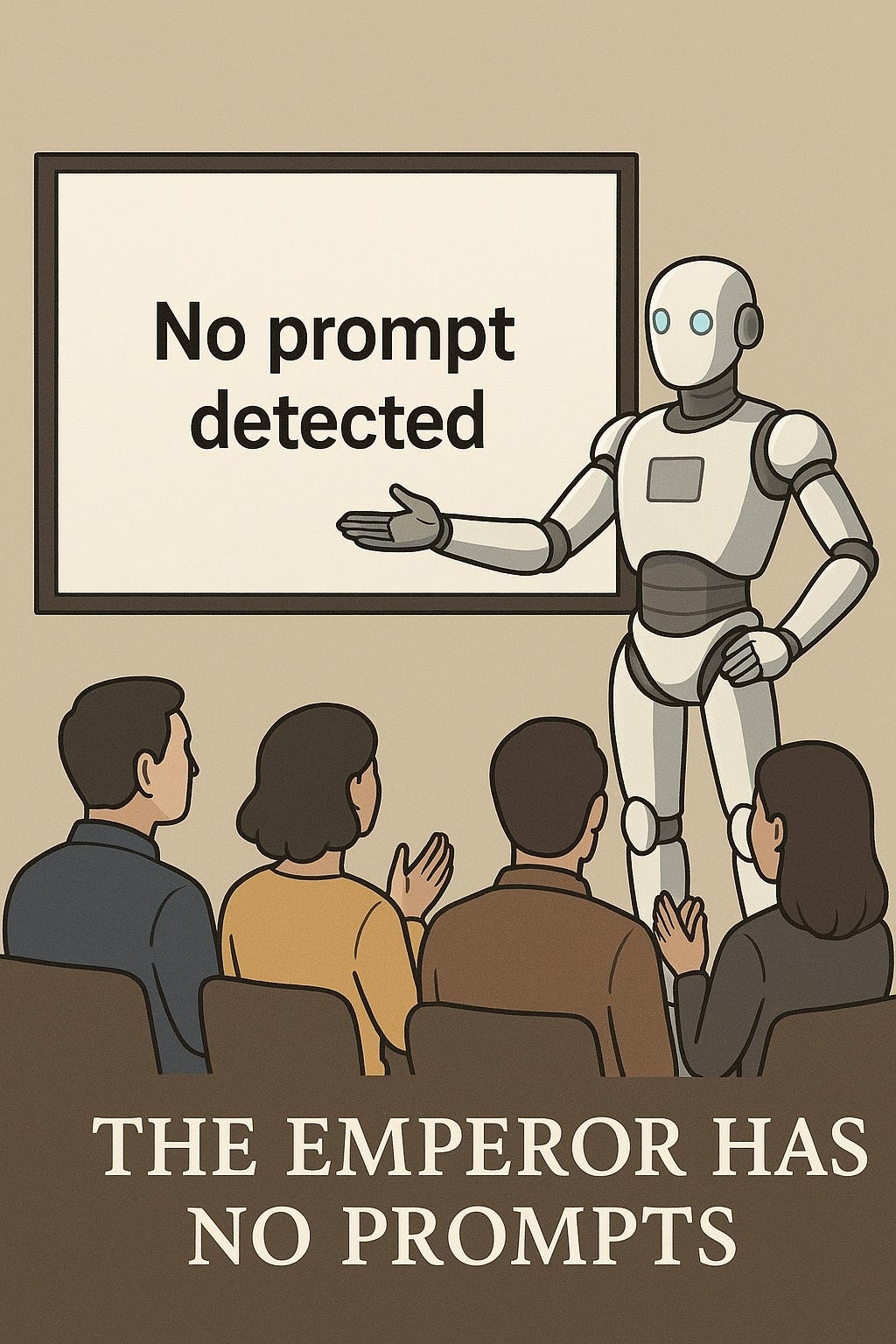 An AI robot strutting confidently in front of a crowd, with only a “No prompt detected” message floating above it.  People whispering, “Wow, that’s so innovative!”