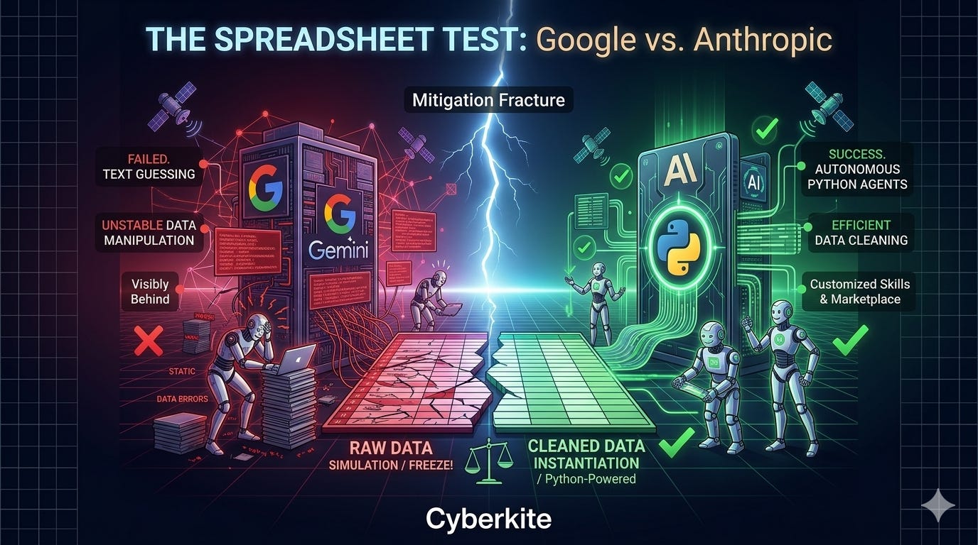 ​A wide, landscape-oriented conceptual diagram titled "The Spreadsheet Test: Google vs. Anthropic." A central lightning bolt labeled "Mitigation Fracture" separates two sides. On the left, a red-lit Google Gemini server shows a frustrated robot struggling with data errors and "Failed Text Guessing." On the right, a glowing green Anthropic Claude monolith features robots efficiently cleaning data using "Autonomous Python Agents." The diagram contrasts "Raw Data Simulation" (Failure) against "Cleaned Data Instantiation" (Success). The Cyberkite logo is centered at the bottom.
