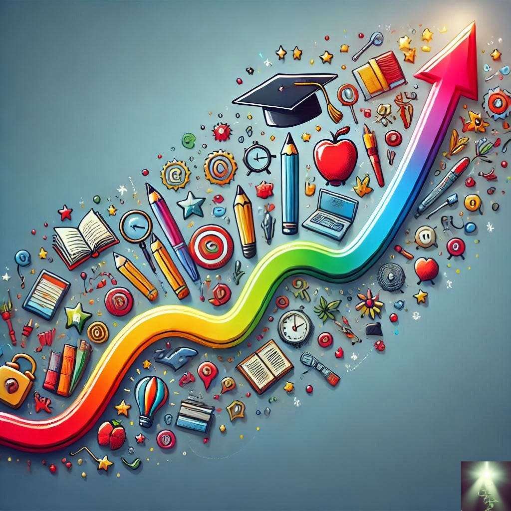 Colourful illustration with a multi-colour wavy arrow signifying a path of progress surrounded by random objects such as pens, pencils, stars, a clock, an apple, books and a mortar board - signifying a learning environment..  