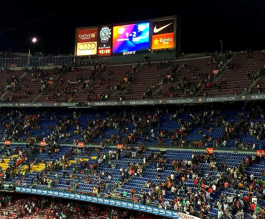 Camp Nou scoreboard showing Barca 1 - 2 Alaves