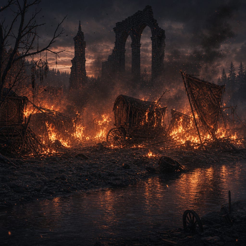 Irene’s Vistani camp engulfed in flames beneath the Barovian dusk. Wagons collapsing inward as painted panels curl and blacken. Orange firelight glowing through thick mist. Ash drifting across the riverbank, mingling with fog. Embers flickering like fading memories. Somber, gothic, atmospheric.