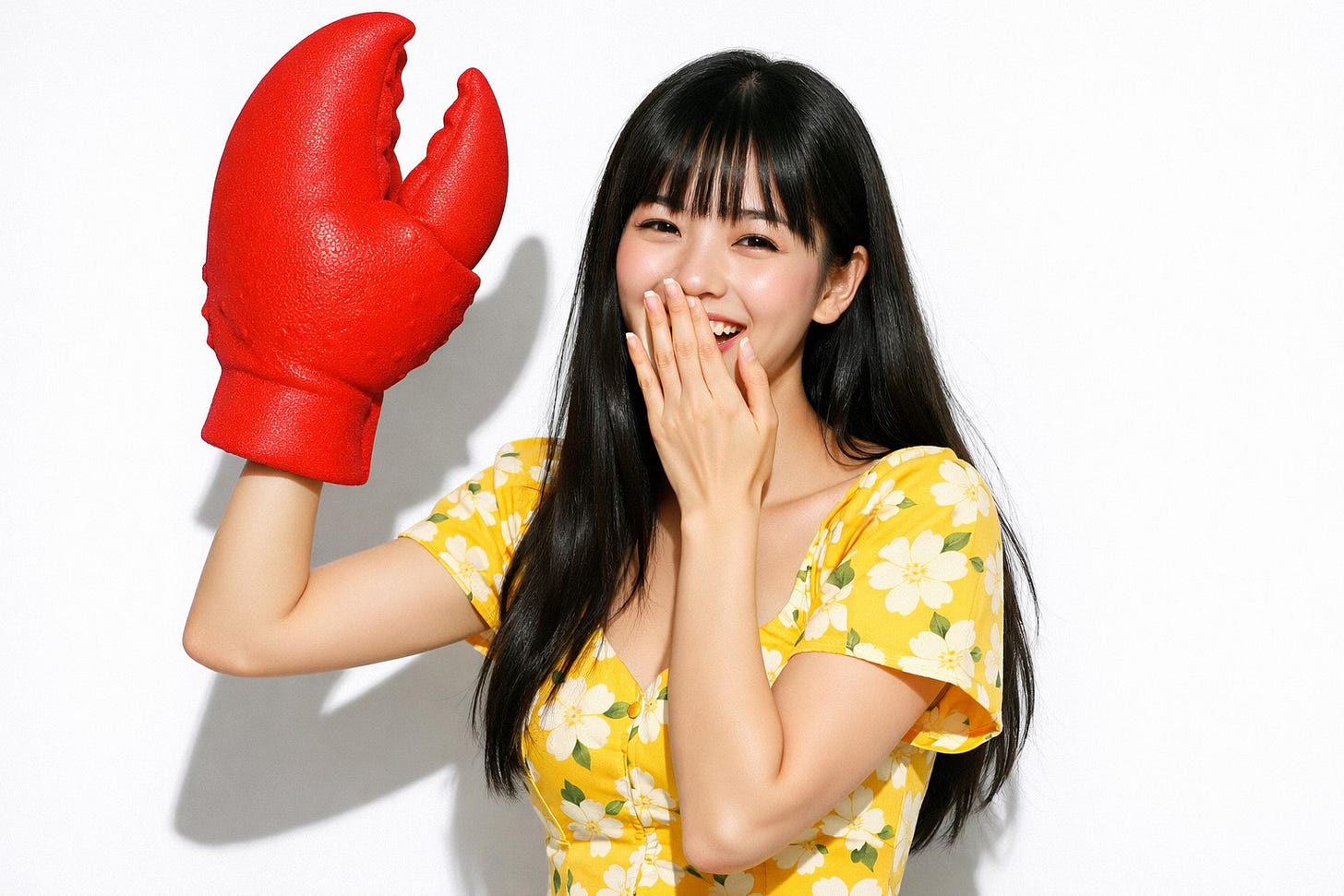 a cute Chinese woman, 30 years old, fashion model, with long straight black hair and bangs / fringe, wearing a yellow floral dress. she is holding her left hand over her mouth, covering a laugh, and her right hand is raised in the air: on her right hand she is wearing a giant red foam glove in the shape of a lobster claw. plain white background