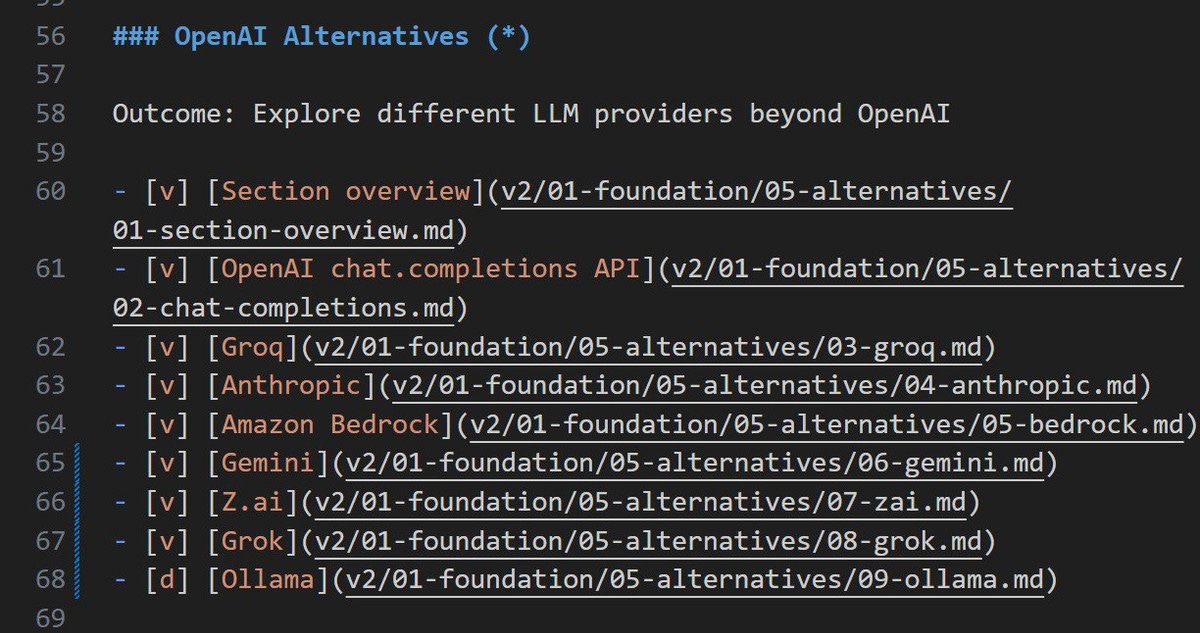 Markdown checklist listing LLM alternatives (OpenAI, Groq, Anthropic, Amazon Bedrock, Gemini, Z.ai, Grok, Ollama) with file path links and status.