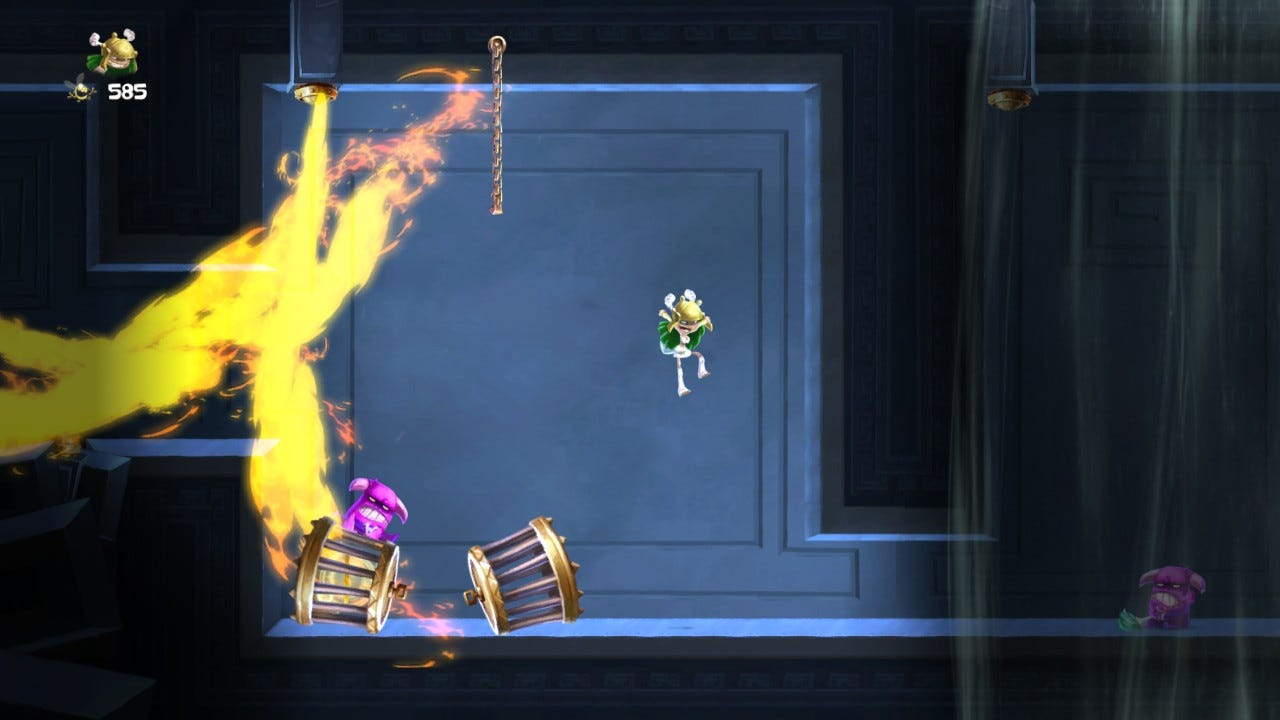 One of the barbarian princesses races through a labyrinth as fire chases her.