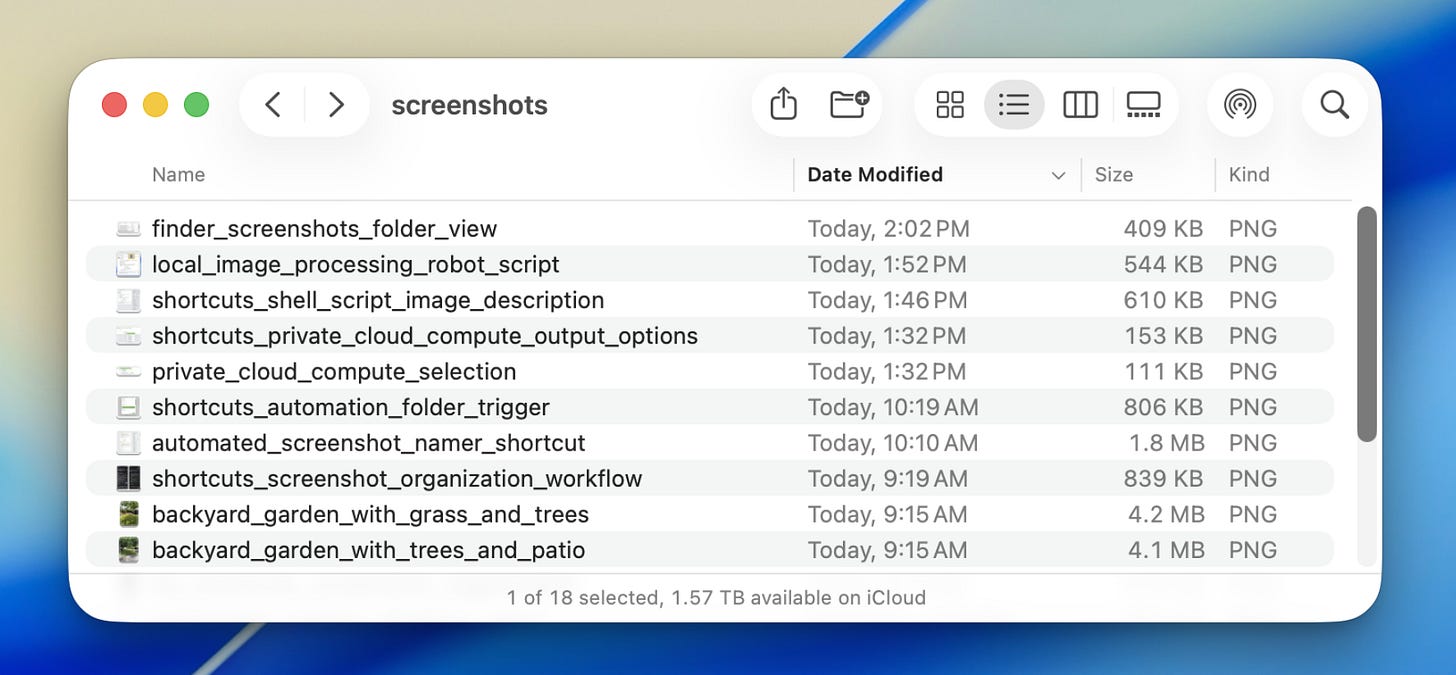 Mac Finder window displaying a screenshots folder where files have descriptive AI-generated names instead of default timestamp-based screenshot filenames. Mac Finder window displaying a screenshots folder where files have descriptive AI-generated names instead of default timestamp-based screenshot filenames.
