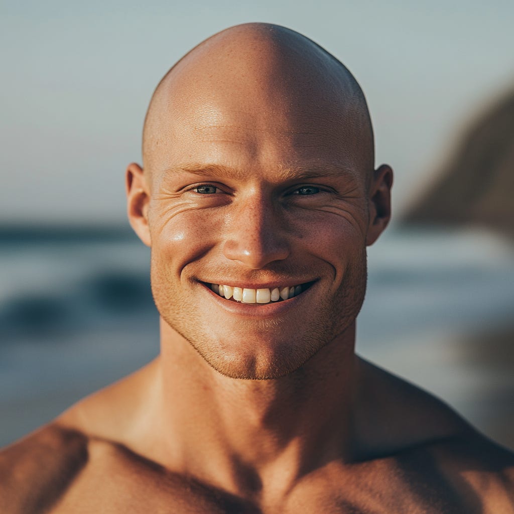 Bald, muscular man smiling at the beach.