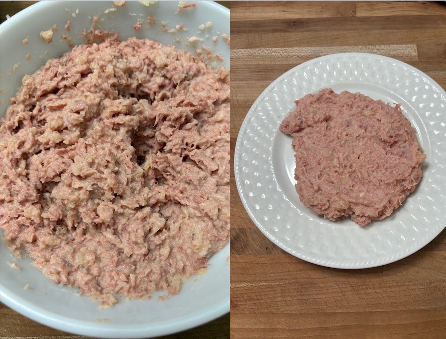 The mashed potato and corned beef mixture in a bowl, and shaped into a patty on a plate ready for frying The mashed potato and corned beef mixture in a bowl, and shaped into a patty on a plate ready for frying