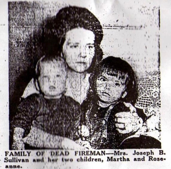 May be an image of ‎child and ‎text that says '‎FAMILY OF DEAD FIREMANMrs. FIREMAN Joseph B. Sullivan and'her and her two children, Martha and Rose- anne. ام1‎'‎‎