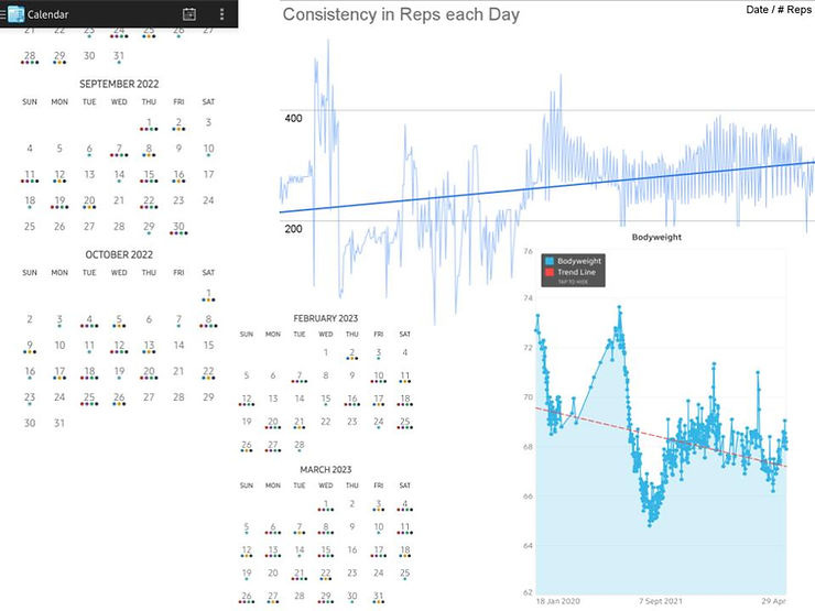 tracking my workouts, body weight, and measurements regularly as illustrated by screenshot of FitNotes calendar, reps export, and bodyweight graph.