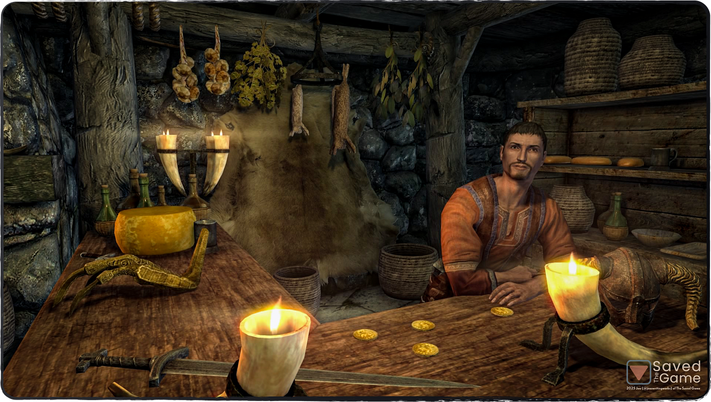 An image showing Lucan Valerius in Riverwood, happy with the return of the Golden Claw!