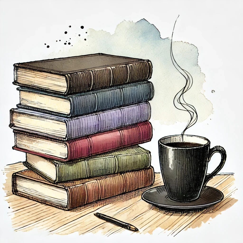 A hand-drawn, watercolor-style illustration of a cozy scene featuring a stack of exactly four modern hardcover books lying on a wooden desk next to a black coffee mug with steam rising from it. The books have smooth, blank spines and book jackets without any text or photos, leaving room for custom additions. Their covers are colorful but muted in warm tones. Narrow, color-coded page markers stick out from the top of each book, with several markers placed at random points along the width and length of the books. The left edge of the top book has been opened up to remove the appearance of a second spine. The illustration has loose, sketchy ink lines and gentle watercolor washes in the Paternal Progress color palette. The background is plain white, keeping the focus on the comforting and nostalgic feel of the scene. A hand-drawn, watercolor-style illustration of a cozy scene featuring a stack of exactly four modern hardcover books lying on a wooden desk next to a black coffee mug with steam rising from it. The books have smooth, blank spines and book jackets without any text or photos, leaving room for custom additions. Their covers are colorful but muted in warm tones. Narrow, color-coded page markers stick out from the top of each book, with several markers placed at random points along the width and length of the books. The left edge of the top book has been opened up to remove the appearance of a second spine. The illustration has loose, sketchy ink lines and gentle watercolor washes in the Paternal Progress color palette. The background is plain white, keeping the focus on the comforting and nostalgic feel of the scene.