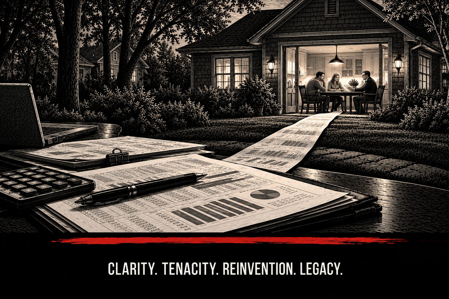 Black-and-white illustration of financial paperwork and a calculator connected by a flowing paper trail to a warmly lit home, where a couple meets with an insurance agent at their kitchen table.
