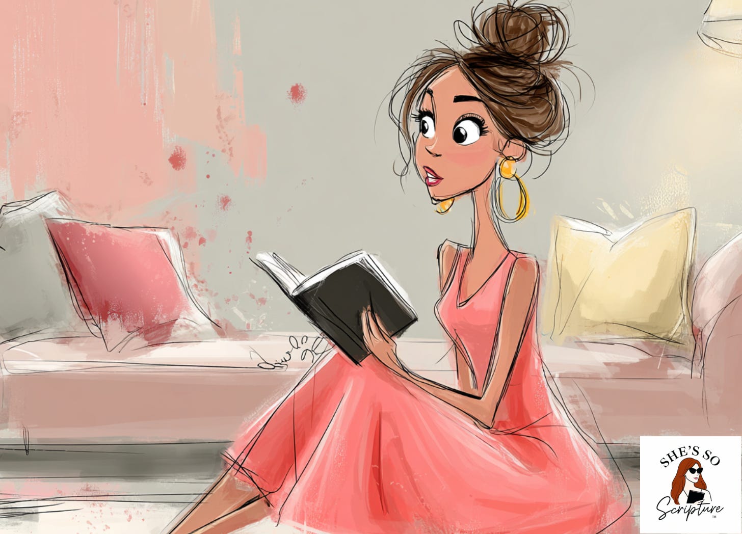 A woman sitting on the floor of a living room holding a Bible. Illustrated image