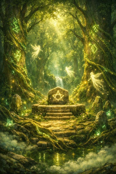 Forest Fane before Strahd’s corruption, an ancient sacred grove glowing with emerald light, towering trees woven with living runes, a stone altar marked with the three‑pointed star, fey spirits drifting like motes of sunlight, roots and vines pulsing with primal magic Forest Fane before Strahd’s corruption, an ancient sacred grove glowing with emerald light, towering trees woven with living runes, a stone altar marked with the three‑pointed star, fey spirits drifting like motes of sunlight, roots and vines pulsing with primal magic