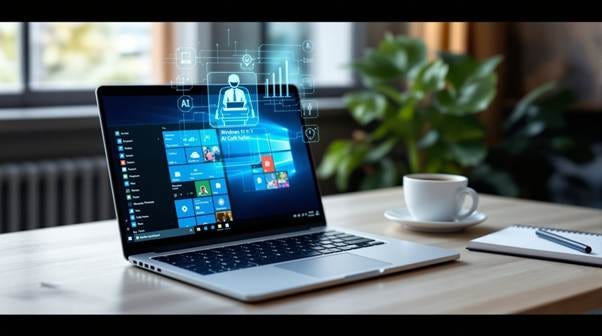 Modern laptop displaying Windows 11 interface with AI Copilot assistant active on screen, holographic AI helper icon floating above keyboard, professional desk setup with coffee cup and notebook, soft natural lighting from window, clean minimalist style, photorealistic
