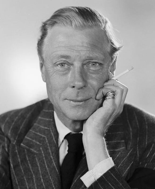 Edward VIII holding cigarette in portrait, Edward VIII smoking a pipe with Wallis Simpson, Edward VIII smoking in candid photos