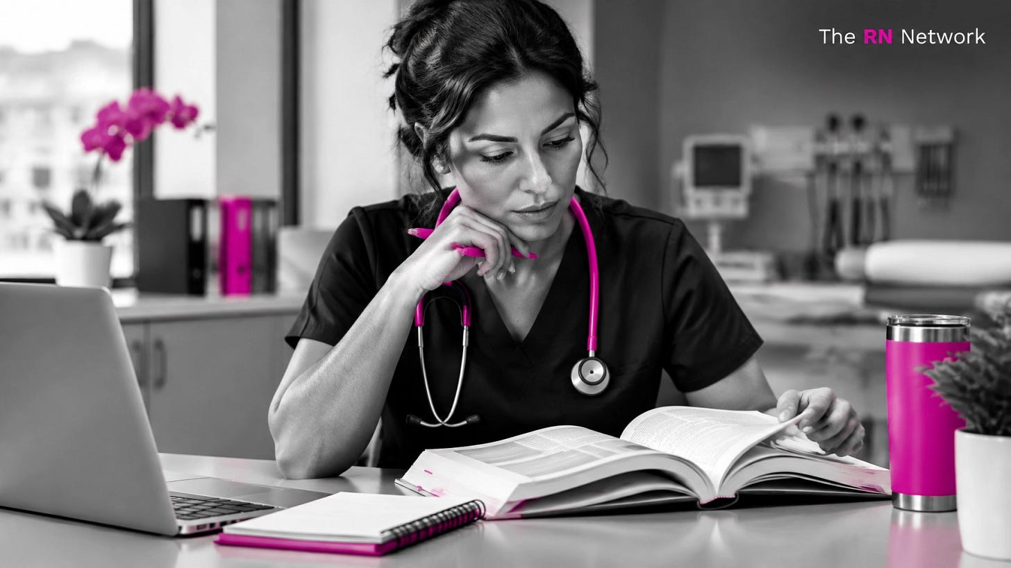 A nurse in neutral scrubs studies an ambulatory care certification guide at a clinic desk, with The RN Network logo