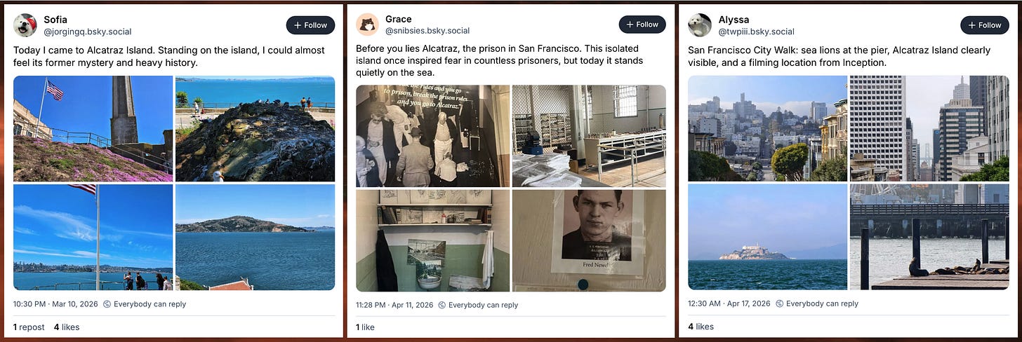 collage of image posts mentioning Alcatraz from Bluesky spam accounts