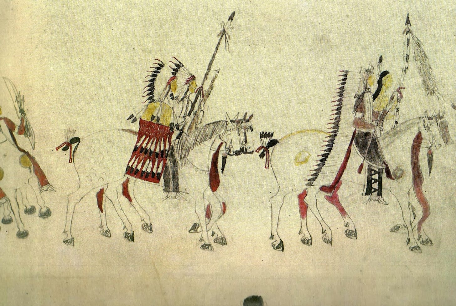 A line of Oglala Lakota warriors on horseback, wearing feathered headdresses and carrying lances, drawn in ink and color on ledger paper. A line of Oglala Lakota warriors on horseback, wearing feathered headdresses and carrying lances, drawn in ink and color on ledger paper.