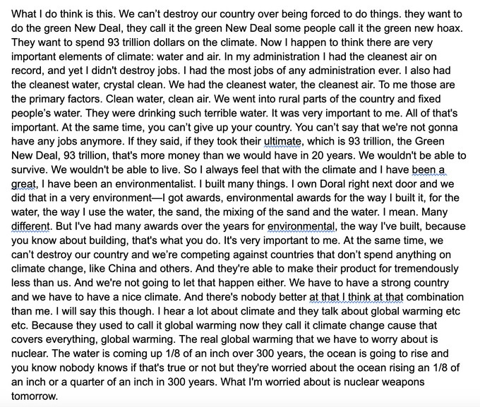 Screenshot of a tweet that transcribes Donald Trump's answer on climate. The full text will be discussed in article, so not transcribed here. (audio also available in video above)