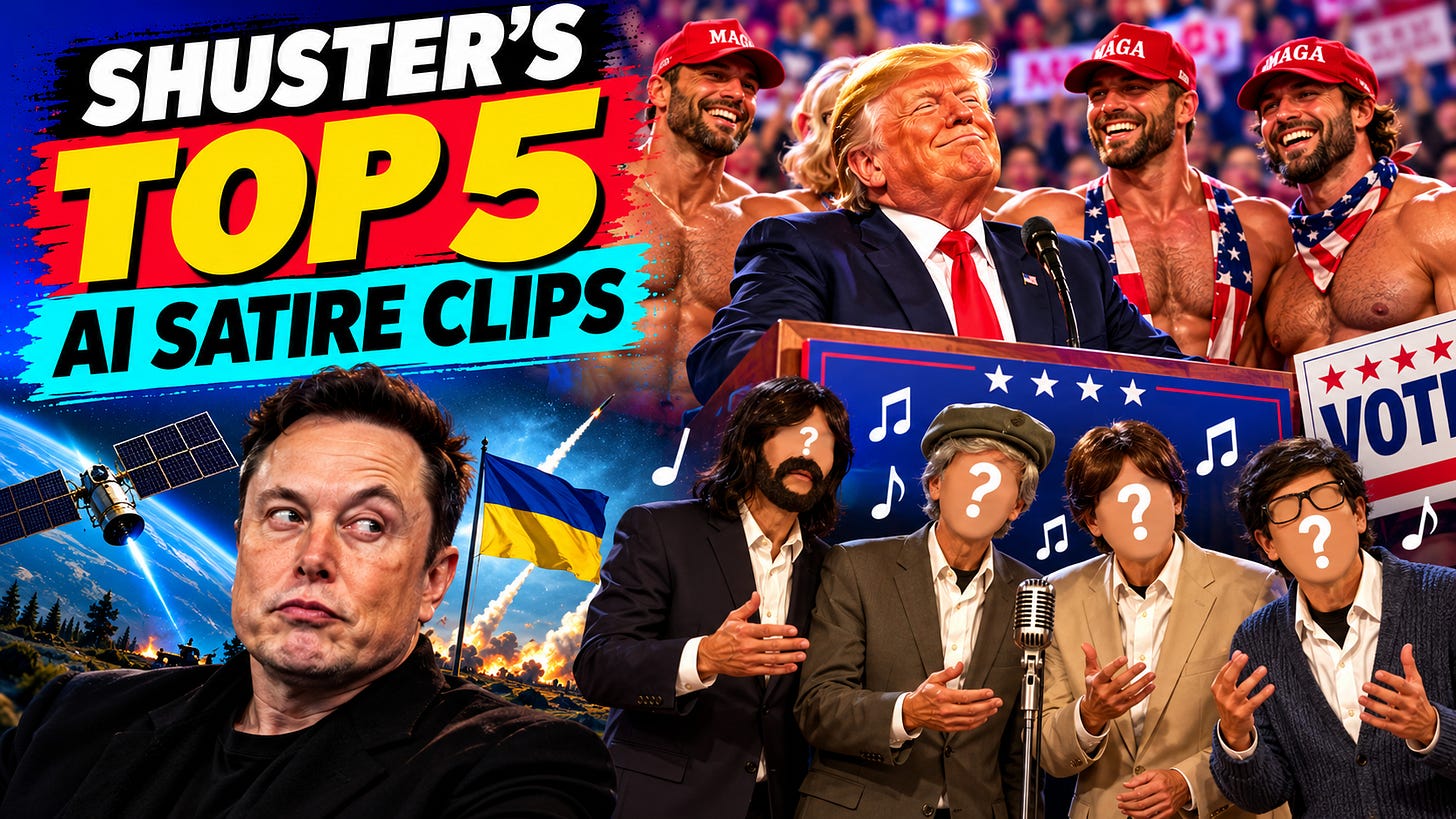 AI-generated images of Trump at a rally with muscular men, an anonymous barbershop quartet, Musk with a satellite and Ukraine flag and caption of David Shuster's Top 5 AI Satire Clips AI-generated images of Trump at a rally with muscular men, an anonymous barbershop quartet, Musk with a satellite and Ukraine flag and caption of David Shuster's Top 5 AI Satire Clips