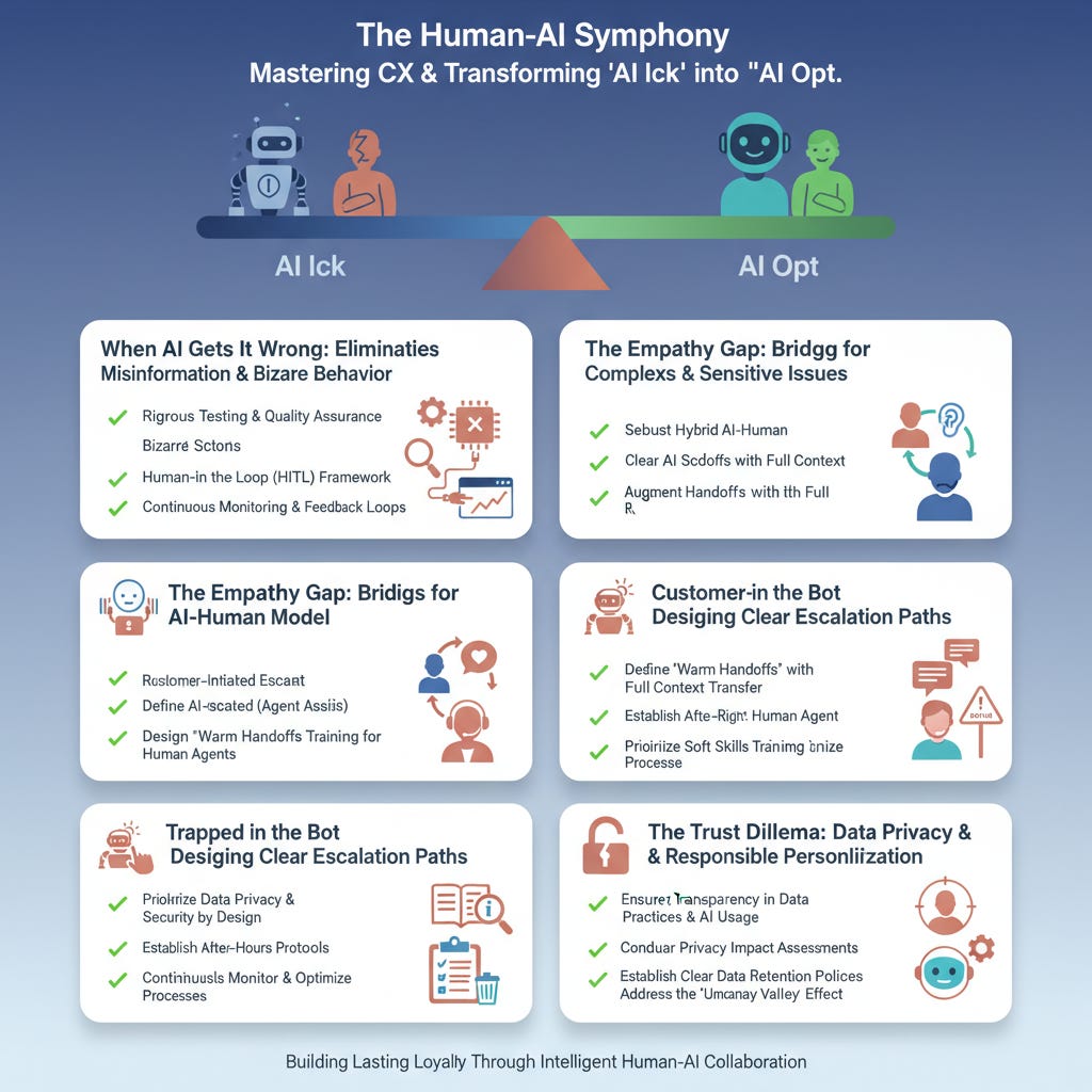 Infographic Checklist: A visual guide to key considerations for balancing AI efficiency with human empathy in customer experience, featuring various points and illustrations.